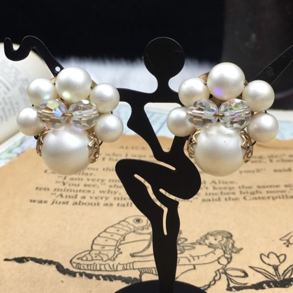 Vintage Pearl & Aurora Borealis Cluster Earrings